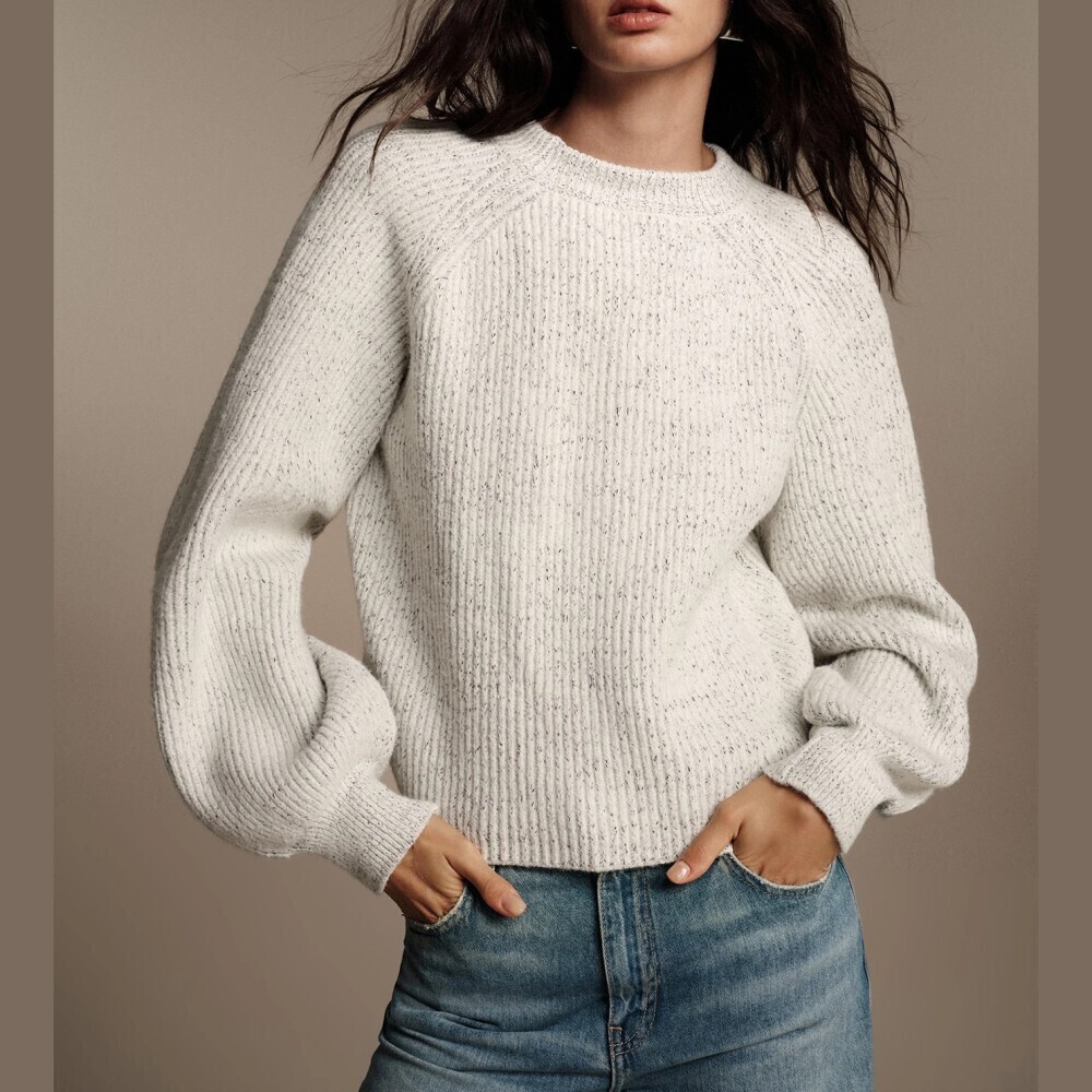 Ivory Marled Ribbed Knit Balloon Sleeve Crew Neck Sweater